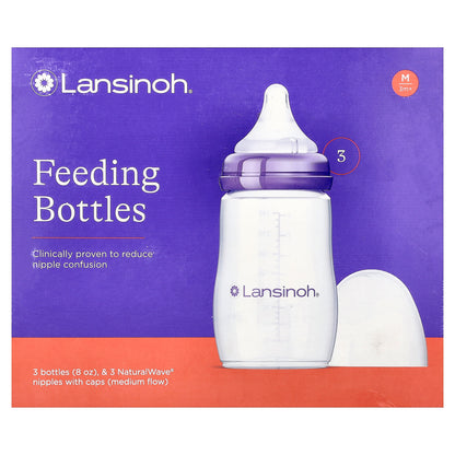 Lansinoh, Feeding Bottles with NaturalWave® Nipple, Medium Flow, 3m+, 3 Bottles, 8 oz (240 ml) Each