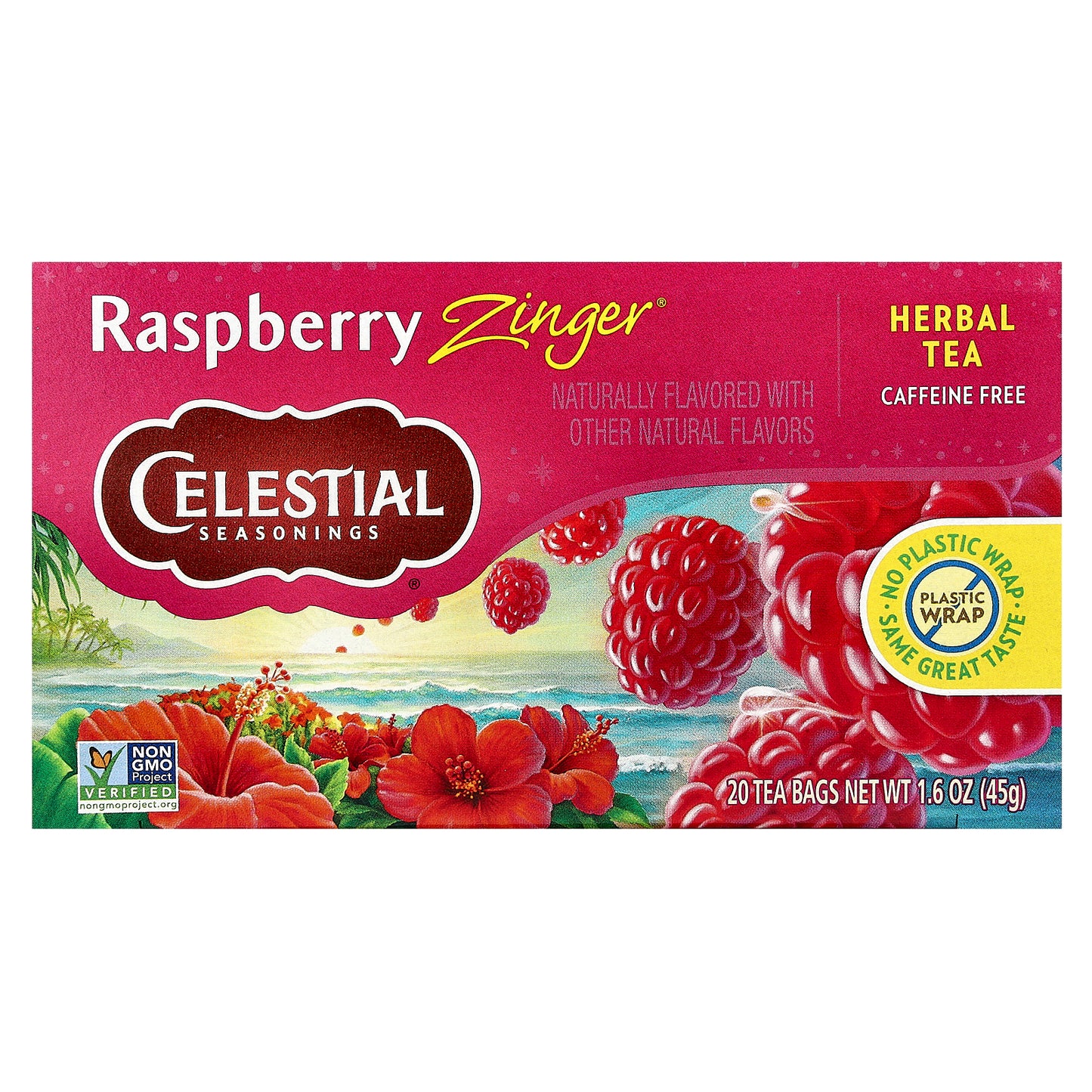 Celestial Seasonings, Herbal Tea, Raspberry Zinger®, Caffeine Free, 20 Tea Bags, 1.6 oz (45 g)