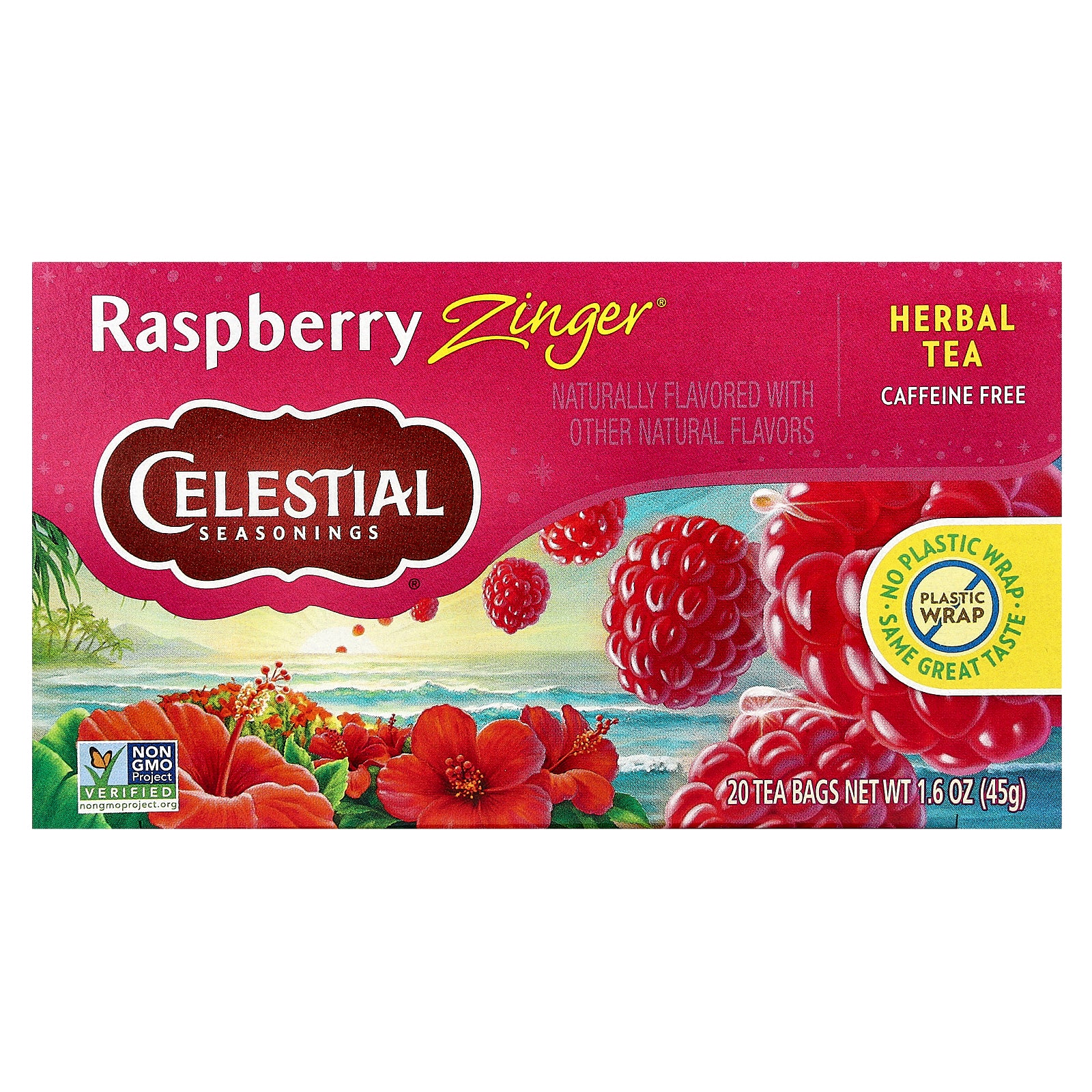 Celestial Seasonings, Herbal Tea, Raspberry Zinger®, Caffeine Free, 20 Tea Bags, 1.6 oz (45 g)