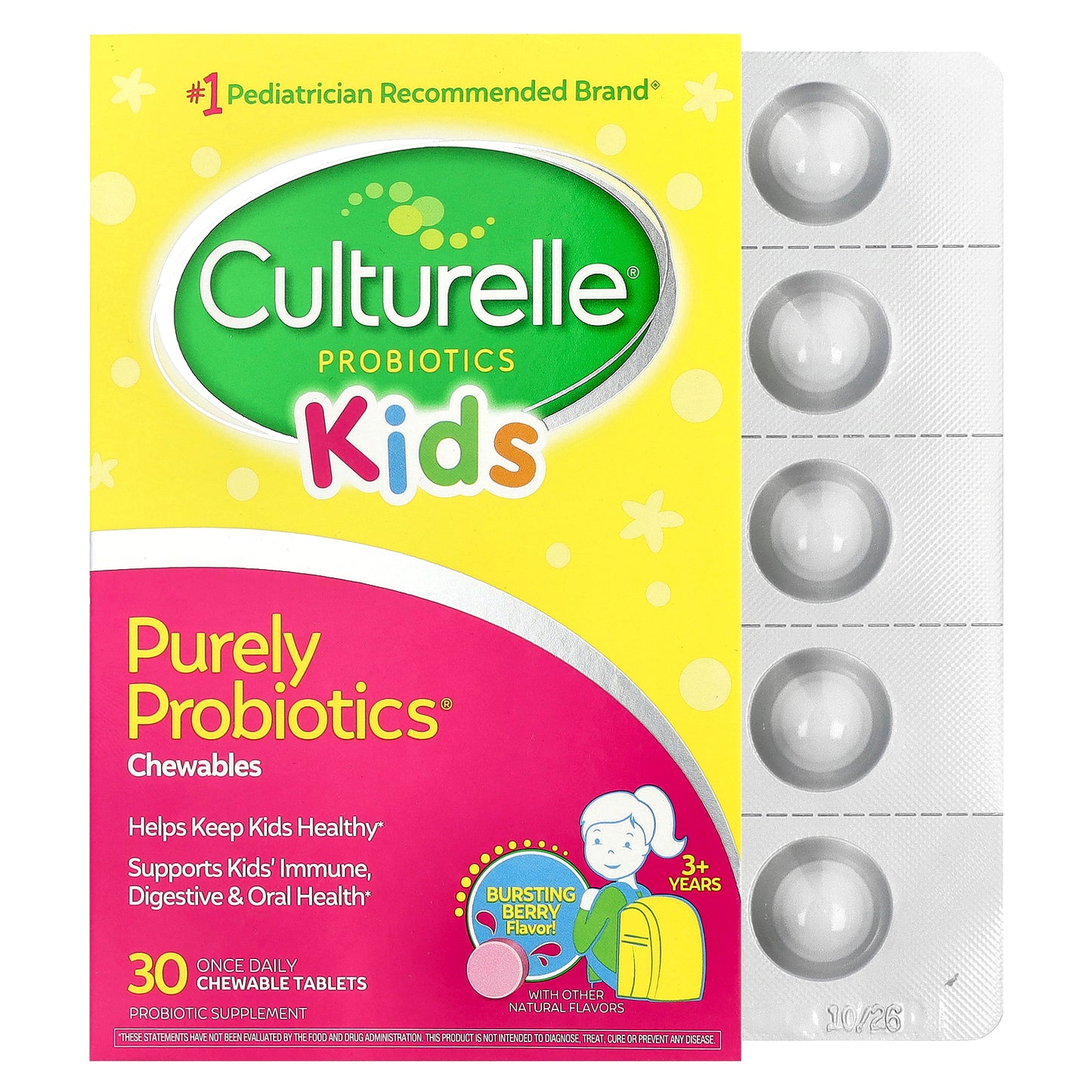 Culturelle, Kids, Purely Probiotics® Chewables, 3+ Years, Bursting Berry, 30 Chewable Tablets (25  mg Per Tablet)