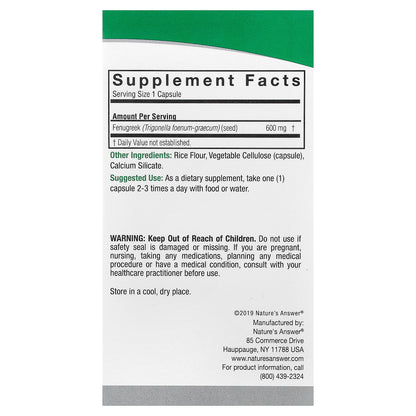 Nature's Answer, Fenugreek, 600 mg, 90 Vegetarian Capsules