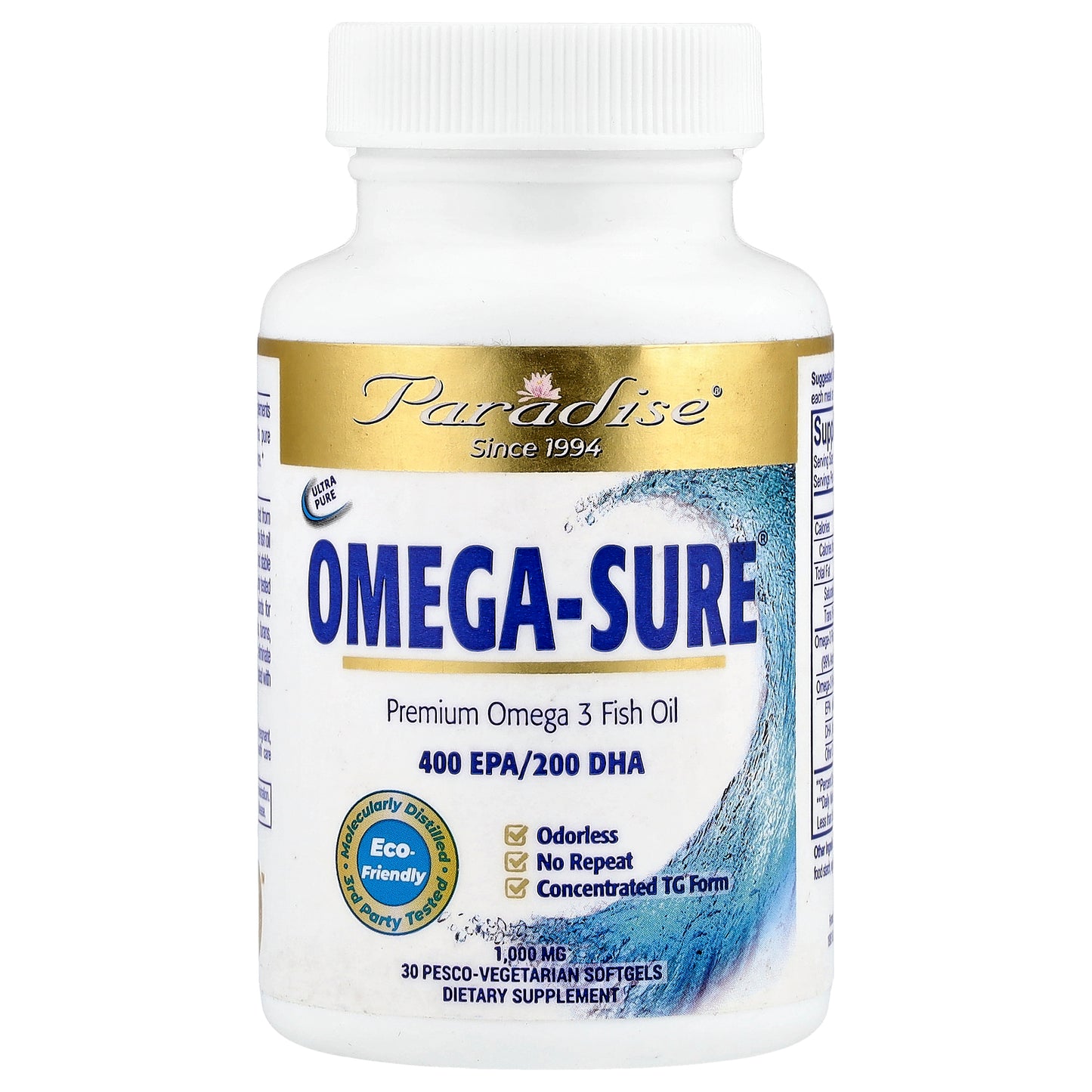 Paradise Herbs, Omega Sure®, Premium Omega-3 Fish Oil, 1,000 mg, 30 Pesco Vegetarian Softgels