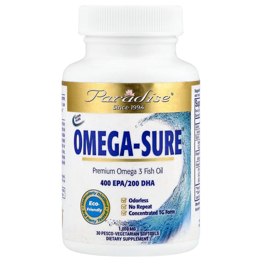 Paradise Herbs, Omega Sure®, Premium Omega-3 Fish Oil, 1,000 mg, 30 Pesco Vegetarian Softgels