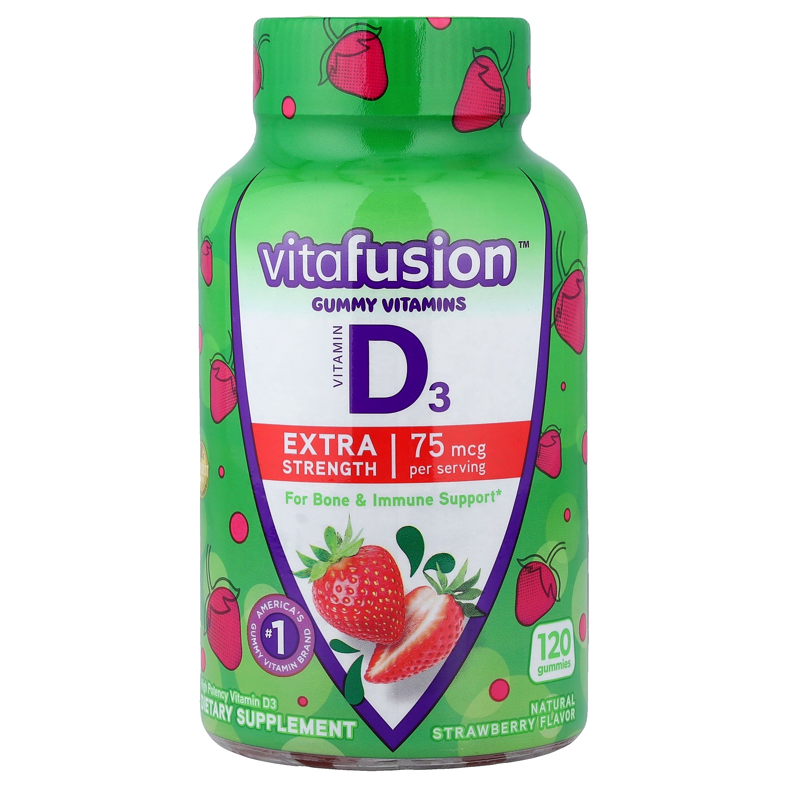 VitaFusion, Gummy Vitamins, Vitamin D3, Natural Strawberry, 75 mcg, 120 Gummies (37.5 mcg per Gummy)