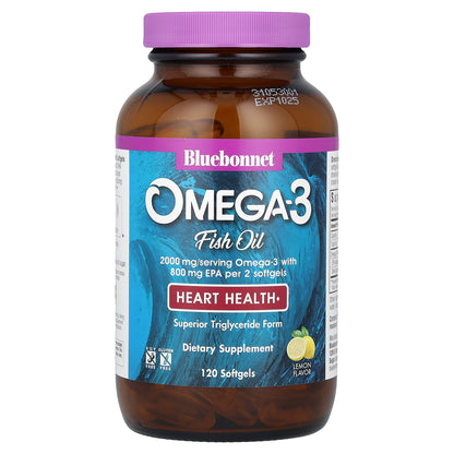 Bluebonnet Nutrition, Omega-3 Fish Oil, Heart Health, Lemon, 2,000 mg, 120 Softgels (1,000 mg per Softgel)