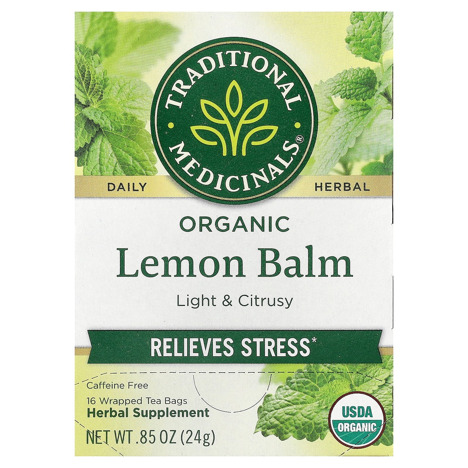 Traditional Medicinals, Organic Lemon Balm, Caffeine Free, 16 Wrapped Tea Bags, 0.85 oz (24 g)