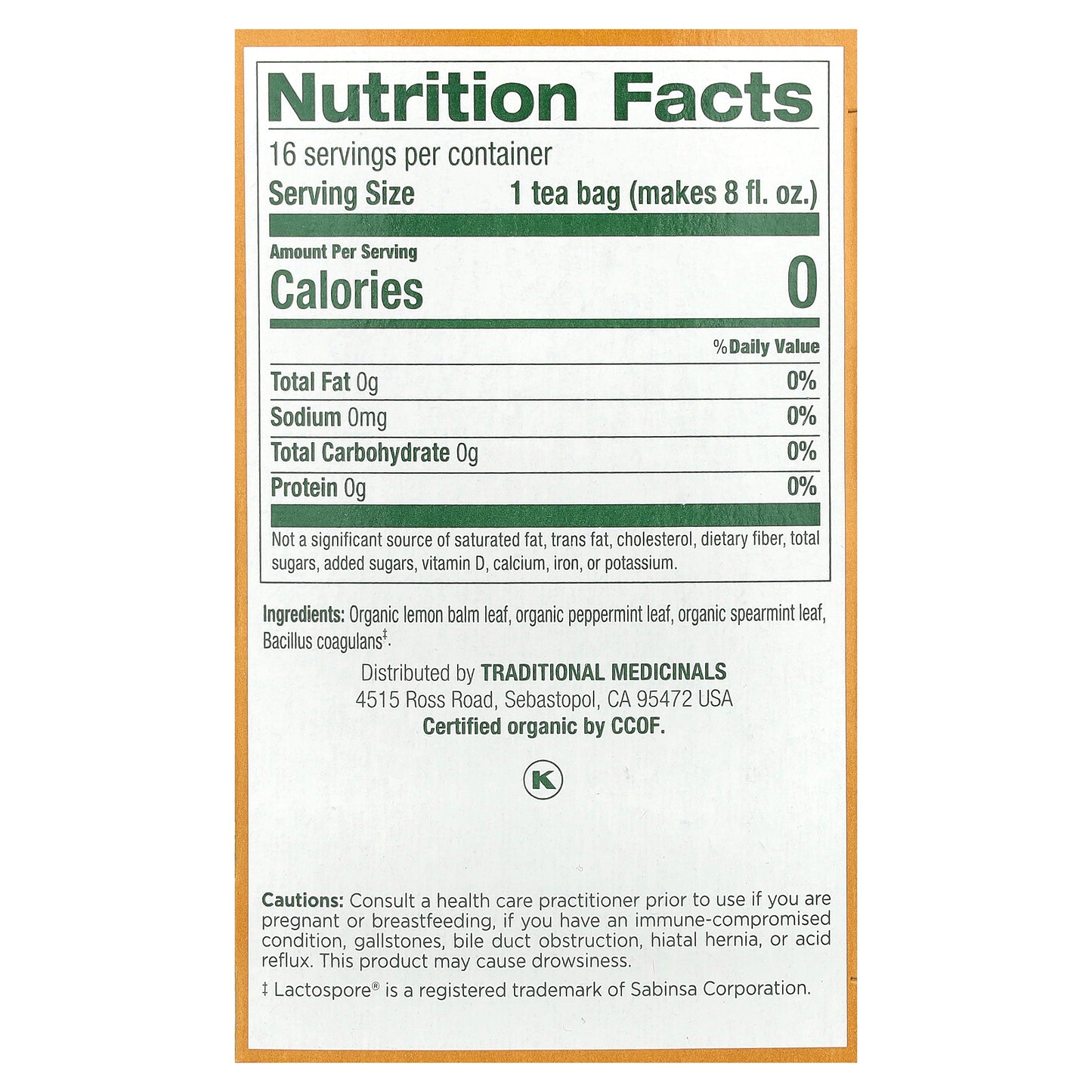 Traditional Medicinals, Organic Herbal Tea, Triple Mint Daily Probiotic, Peppermint, Spearmint & Lemon Balm, Caffeine Free, 16 Wrapped Tea Bags, 0.85 oz (24 g)