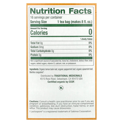 Traditional Medicinals, Organic Herbal Tea, Triple Mint Daily Probiotic, Peppermint, Spearmint & Lemon Balm, Caffeine Free, 16 Wrapped Tea Bags, 0.85 oz (24 g)