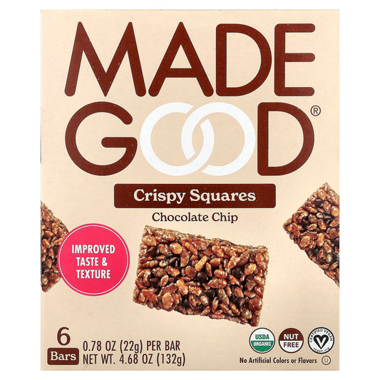 MadeGood, Crispy Squares, Chocolate Chip, 6 Bars, 0.78 oz (22 g) Each