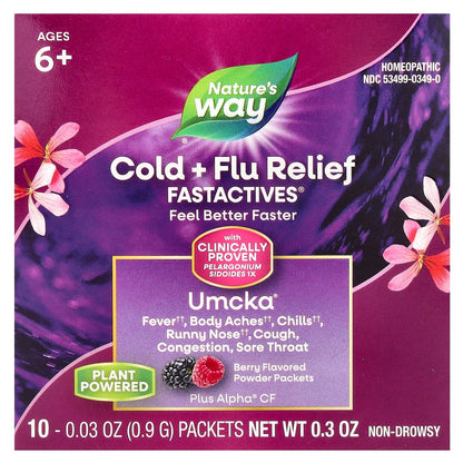 Nature's Way, Umcka®, Cold + Flu Relief Fastactives®, Ages 6+, Berry, 10 Packets, 0.03 oz (0.9 g) each