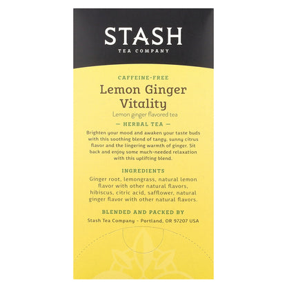 Stash Tea, Herbal Tea, Lemon Ginger Vitality, Caffeine-Free, 20 Tea Bags, 1.1 oz (34 g)