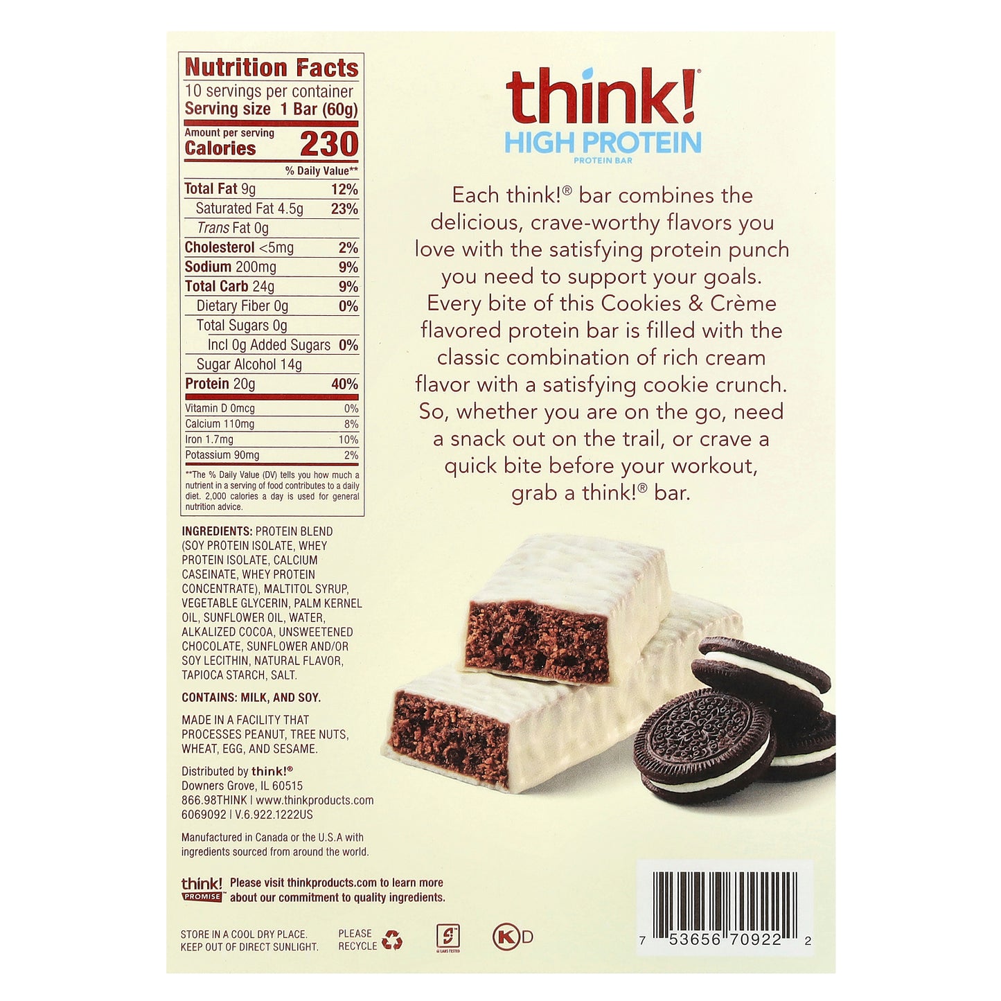 Think !, High Protein Bars, Cookies & Cream, 10 Bars, 2.1 oz (60 g) Each