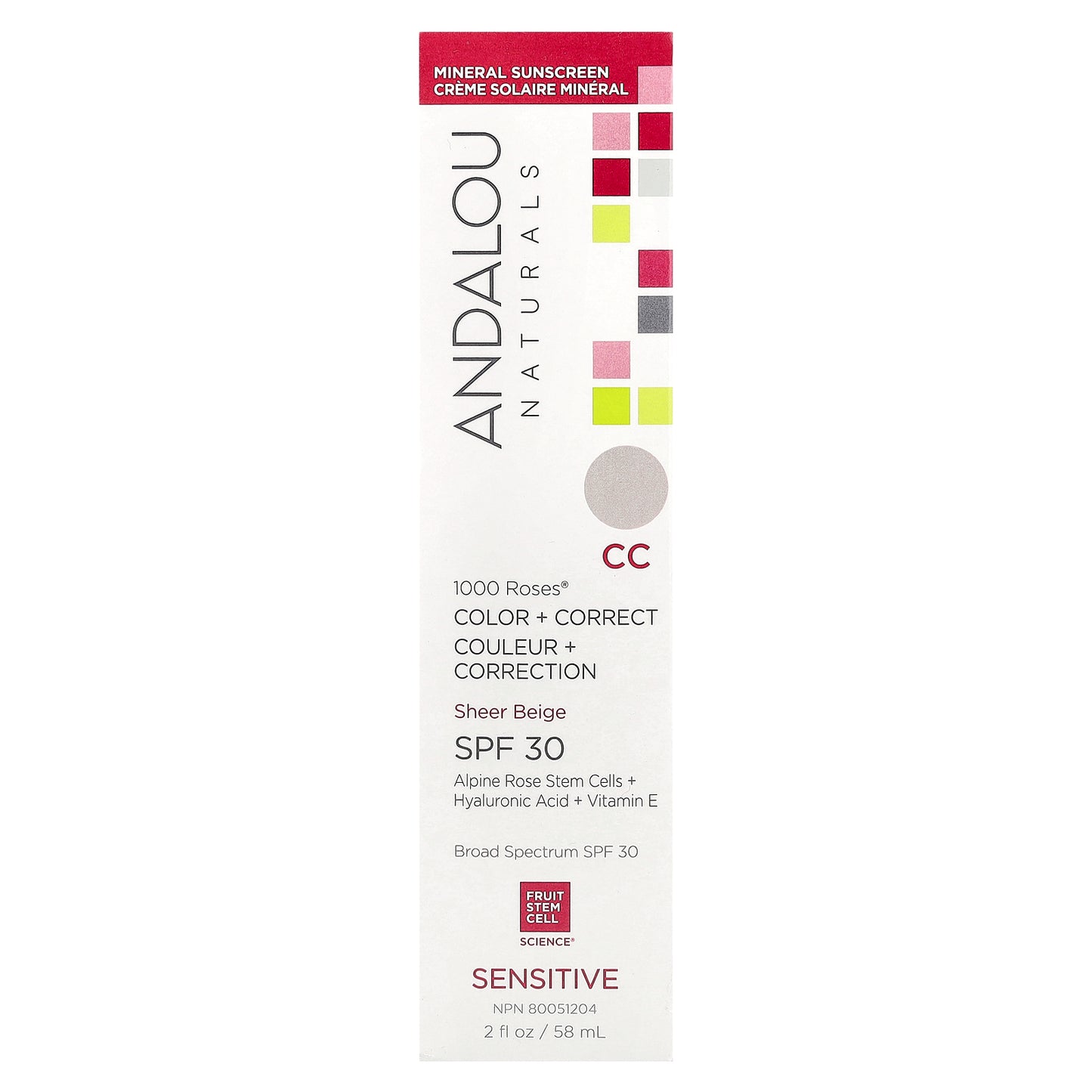 Andalou Naturals, 1000 Roses®, Color + Correct, Sensitive, SPF 30, Sheer Beige, 2 fl oz (58 ml)