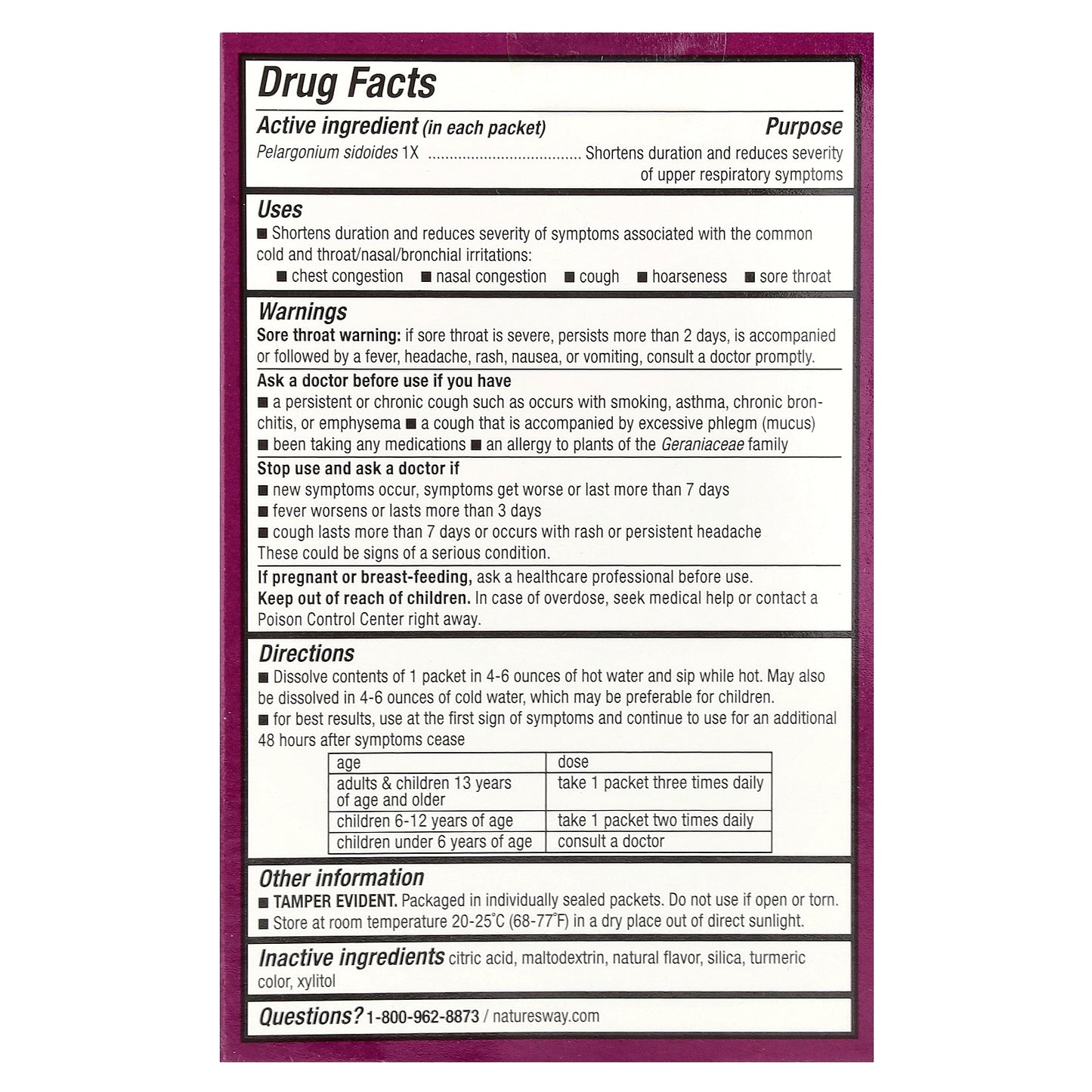 Nature's Way, Umcka®, Cold Relief, Soothing Hot Drink Mix, Ages 6+, Lemon, 10 Packets, 0.17 oz (5 g) Each