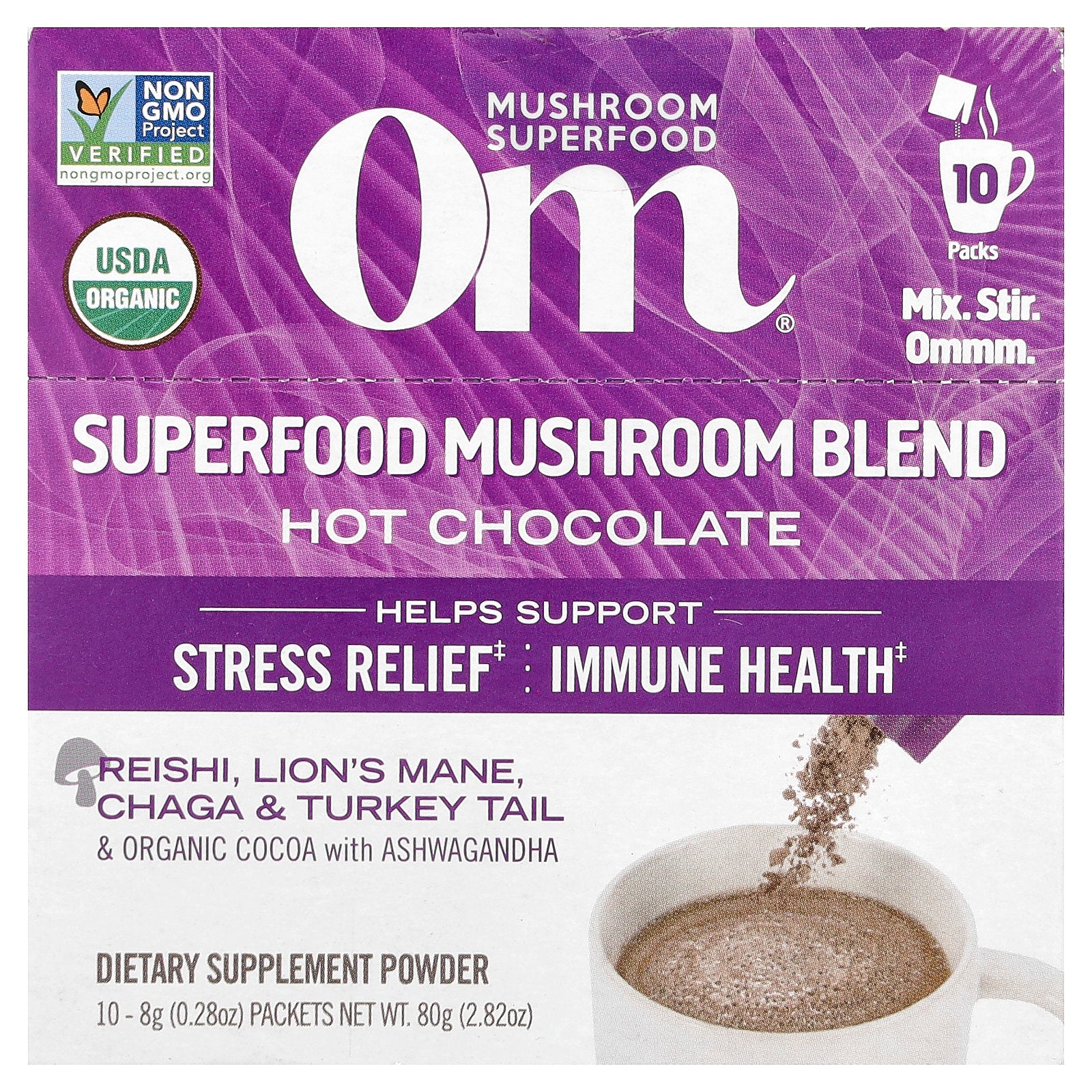 Om Mushrooms, Superfood Mushroom Blend, Hot Chocolate , 10 Packets, 0.28 oz (8 g) Each