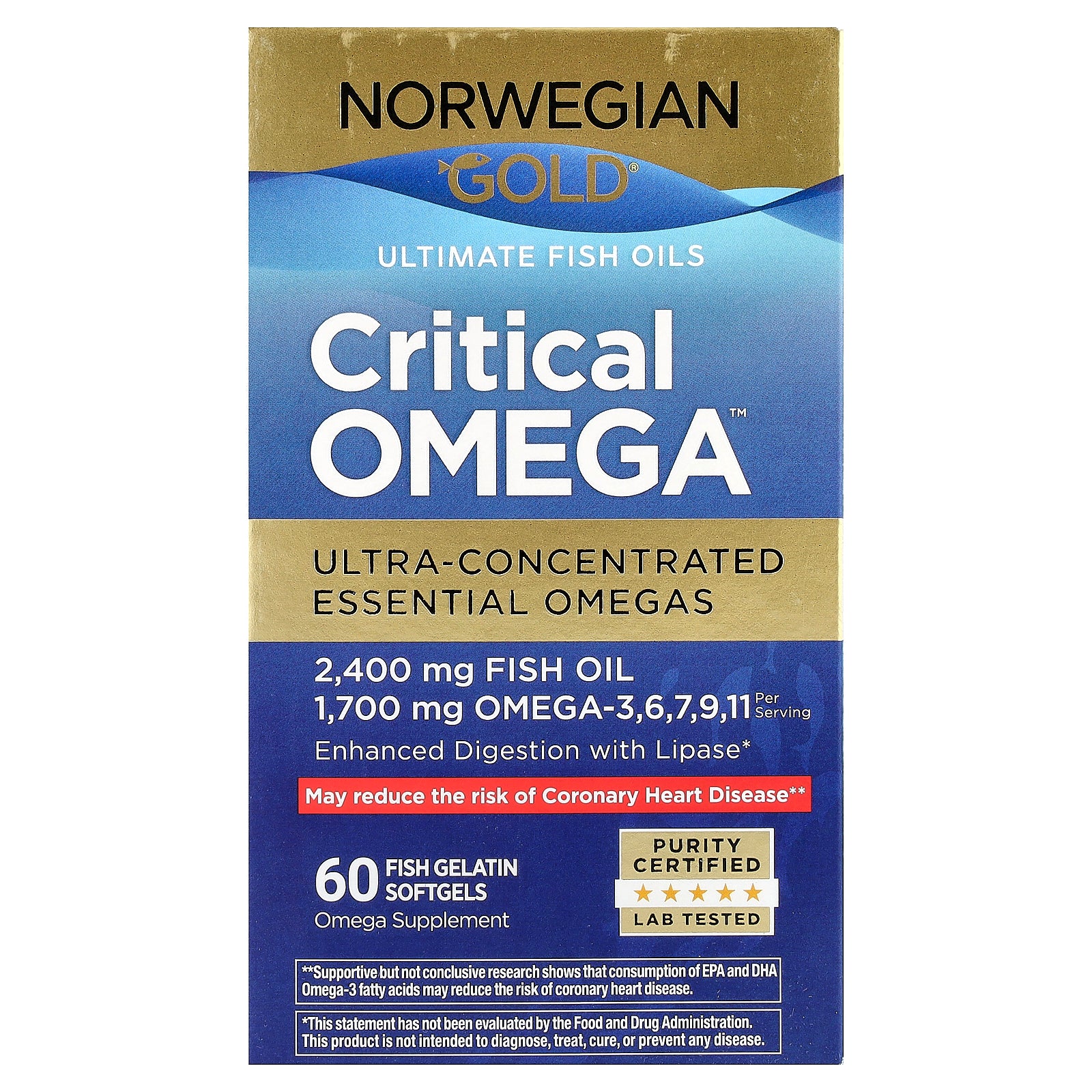 Renew Life, Norwegian Gold®, Critical Omega™ Ultimate Fish Oils, 60 Fish Gelatin Softgels