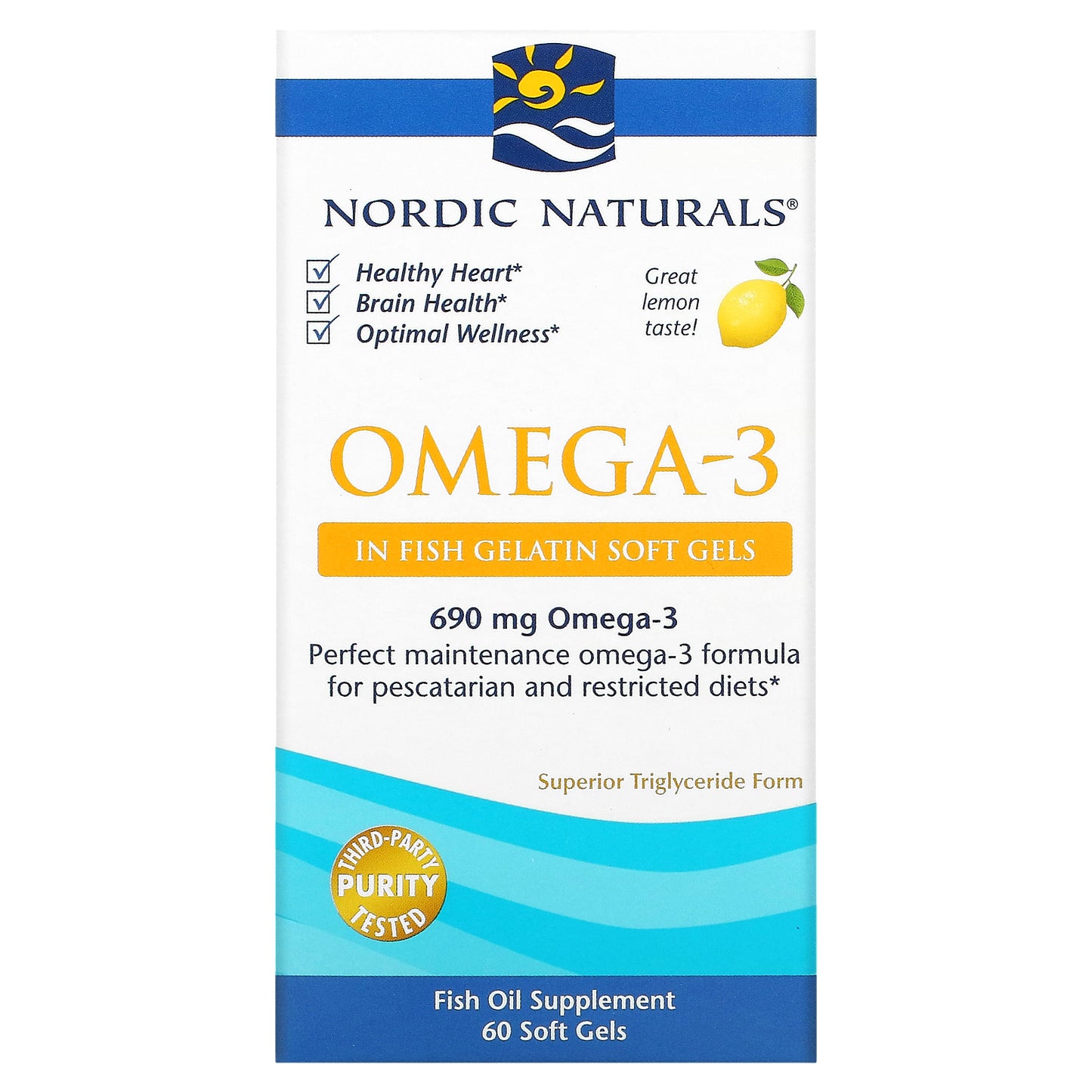 Nordic Naturals, Omega-3, Lemon, 690 mg, 60 Fish Gelatin Soft Gels (345 mg per Gel)