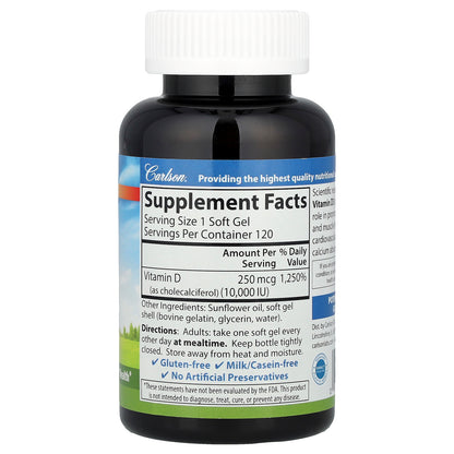 Carlson, Vitamin D3, 250 mcg (10,000 IU), 120 Soft Gels