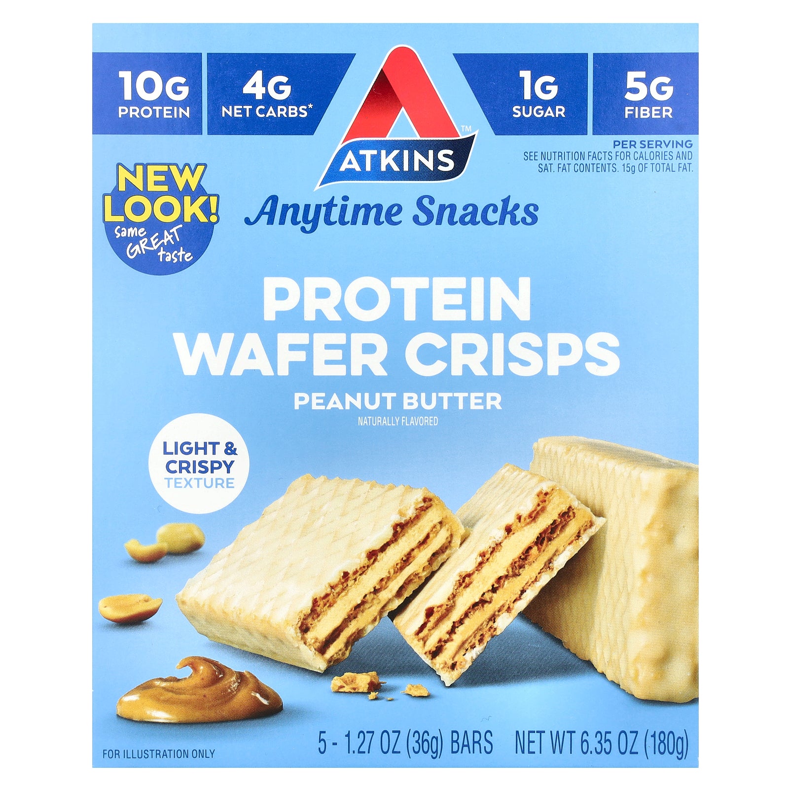 Atkins, Anytime Snacks, Protein Wafer Crisps, Peanut Butter, 5 Bars, 1.27 oz (36 g) Each