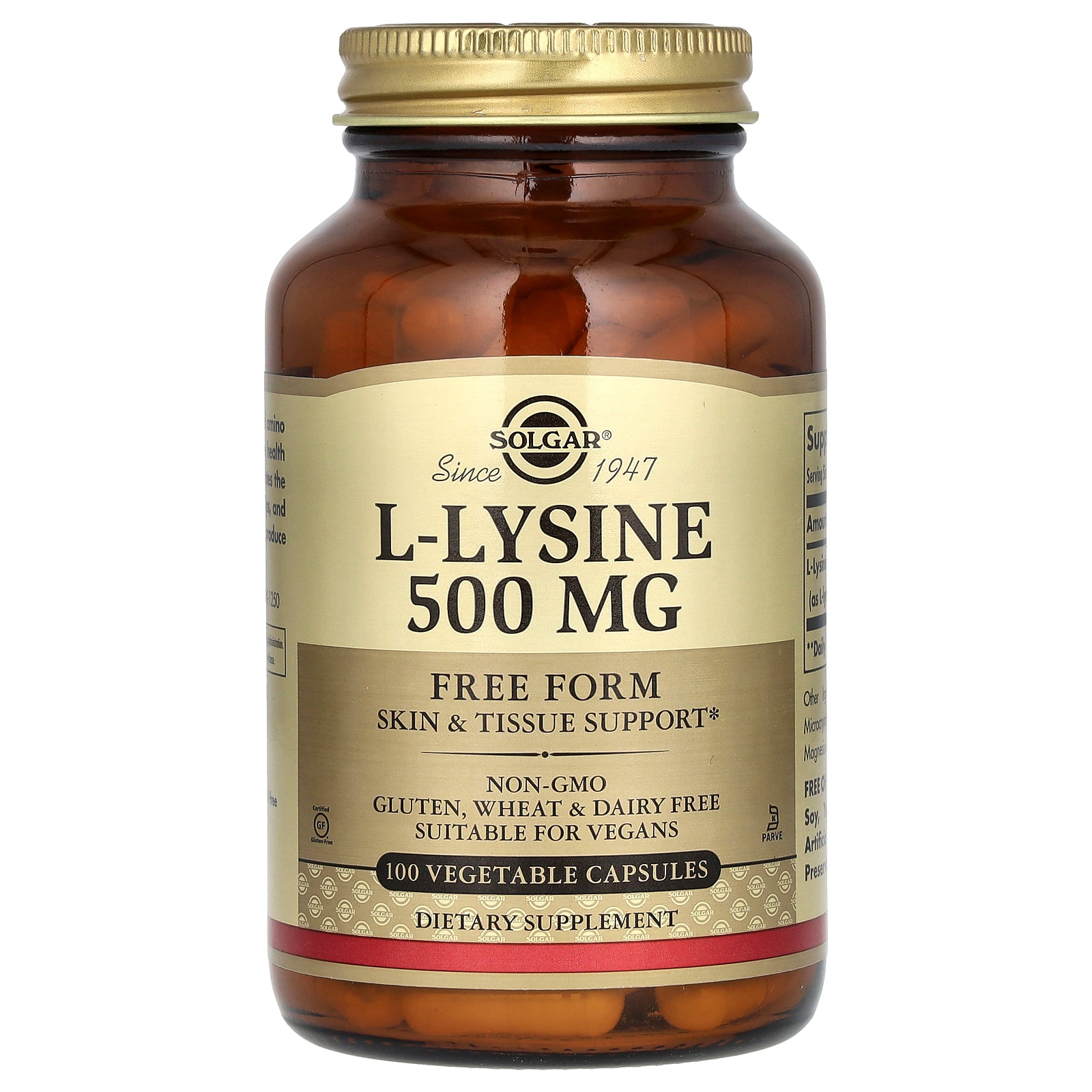 Solgar, L-Lysine, Free Form, 500 mg, 100 Vegetable Capsules