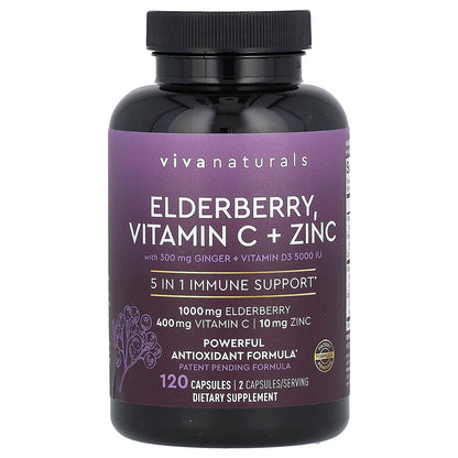 Viva Naturals, Elderberry, Vitamin C + Zinc, 120 Capsules