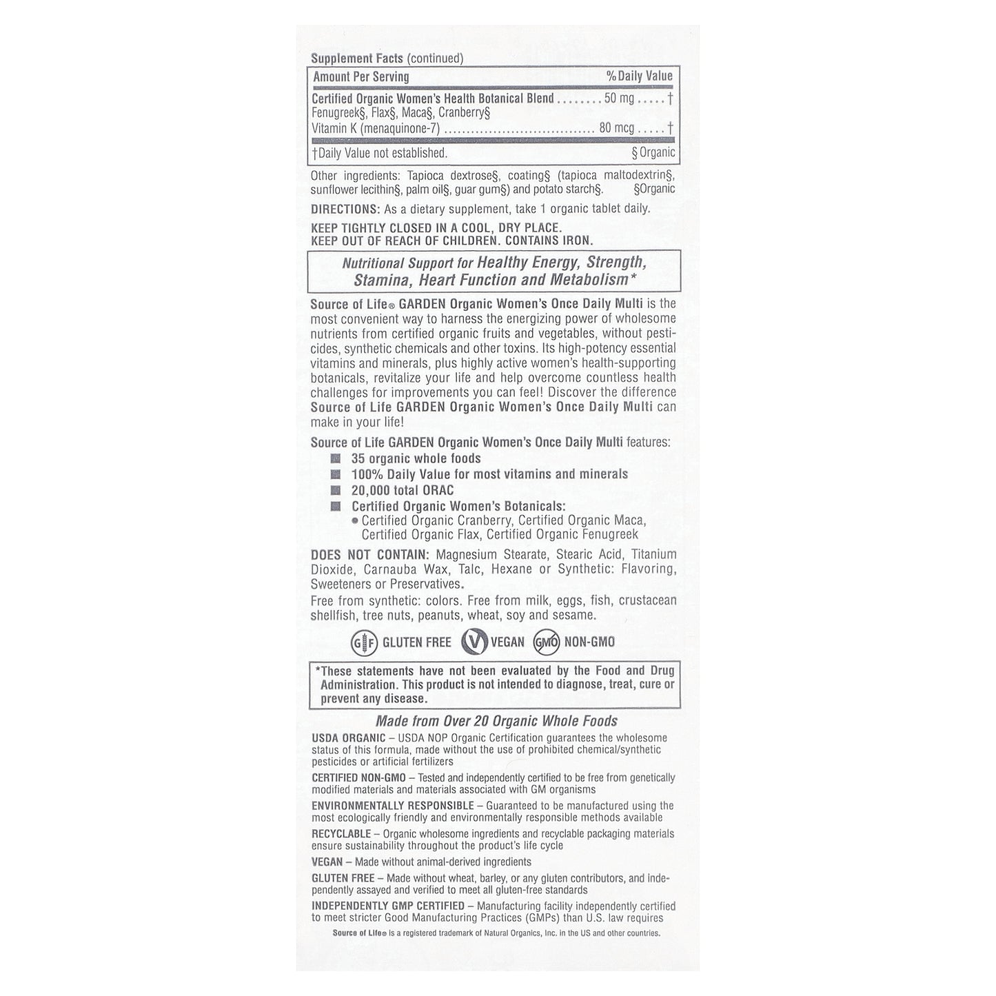 NaturesPlus, Source of Life® Garden, Women's Once Daily Multi, 30 Vegan Tablets