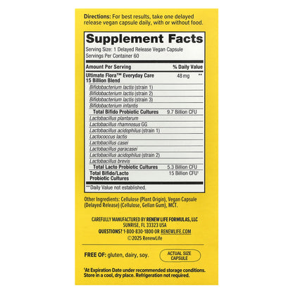 Renew Life, Ultimate Flora™ Everyday Care Probiotic, 15 Billion CFU, 60 Delayed Release Vegan Capsules