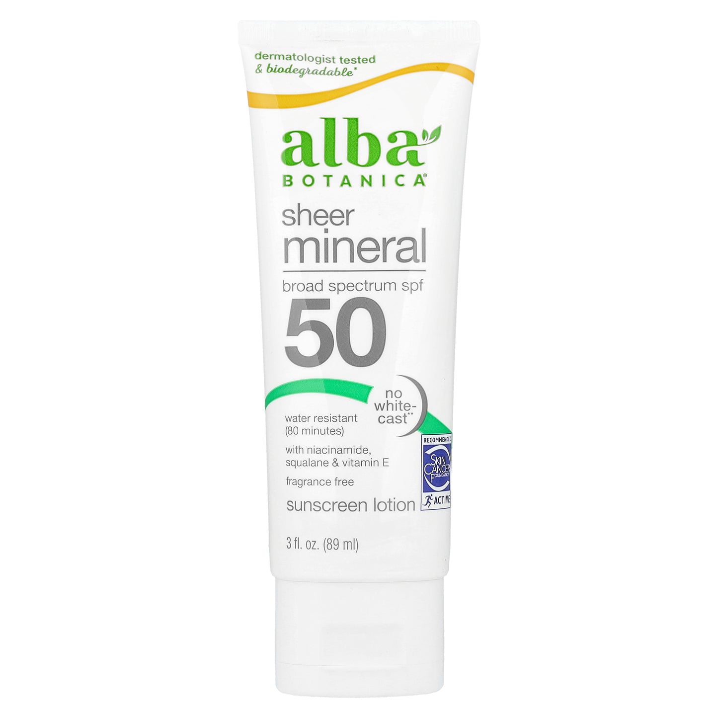 Alba Botanica, Sheer Mineral Sunscreen Lotion, SPF 50, Fragrance Free, 3 fl oz (89 ml)