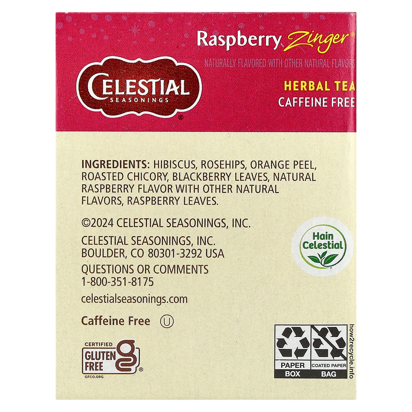 Celestial Seasonings, Herbal Tea, Raspberry Zinger®, Caffeine Free, 20 Tea Bags, 1.6 oz (45 g)
