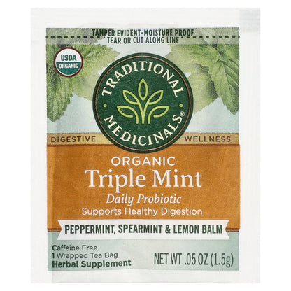 Traditional Medicinals, Organic Herbal Tea, Triple Mint Daily Probiotic, Caffeine Free, Peppermint, Spearmint & Lemon Balm, 16 Wrapped Tea Bags, 0.85 oz (24 g)