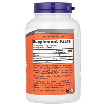 NOW Foods, L-Citrulline, 1,500 mg, 180 Veg Capsules (750 mg per Capsule)