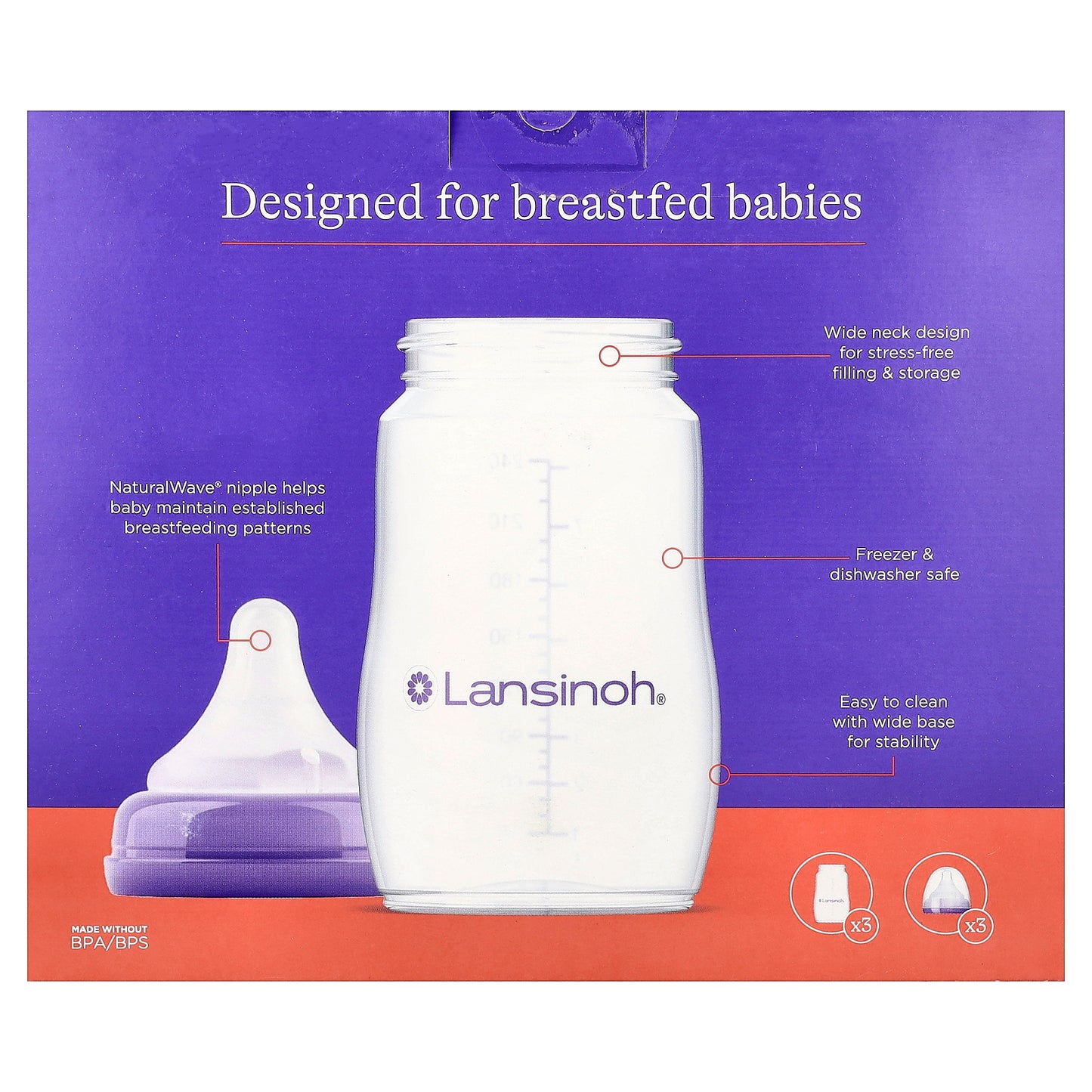 Lansinoh, Feeding Bottles with NaturalWave® Nipple, Medium Flow, 3m+, 3 Bottles, 8 oz (240 ml) Each