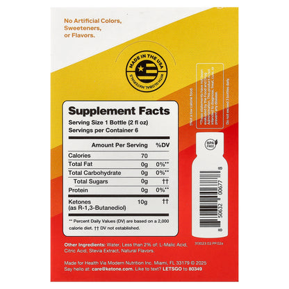 Ketone-IQ, Energy Shot, Peach, Caffeine Free, 6 Bottles, 2 fl oz (59 ml) Each