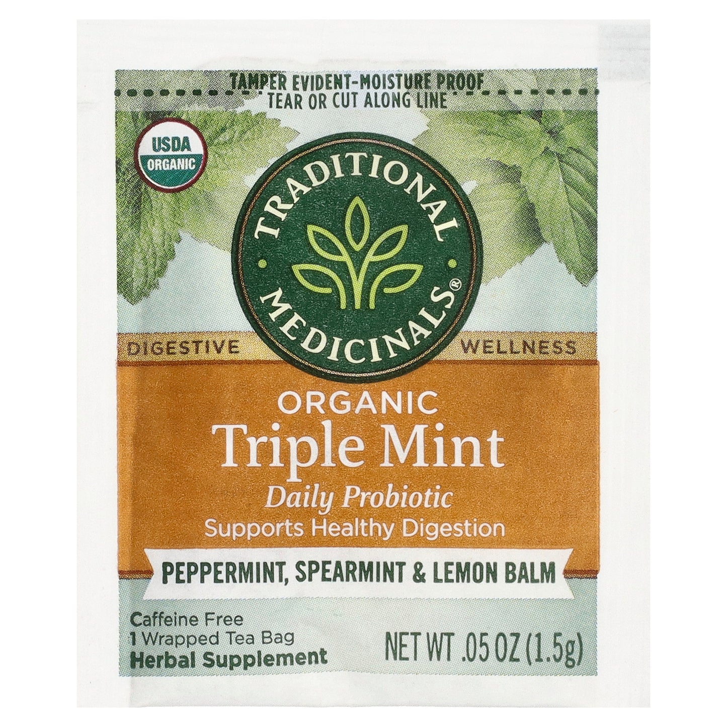 Traditional Medicinals, Organic Herbal Tea, Triple Mint Daily Probiotic, Peppermint, Spearmint & Lemon Balm, Caffeine Free, 16 Wrapped Tea Bags, 0.85 oz (24 g)