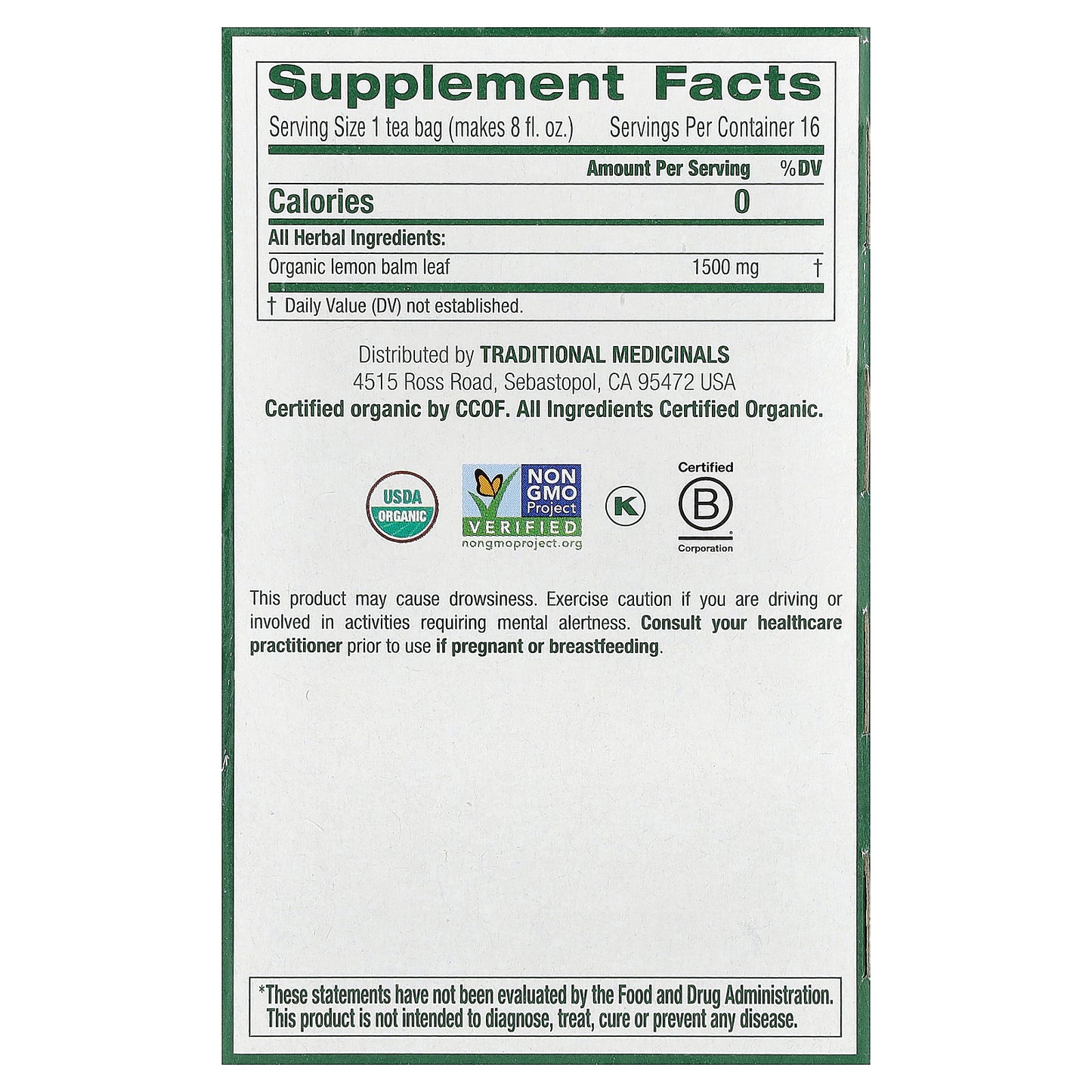 Traditional Medicinals, Organic Lemon Balm, Caffeine Free, 16 Wrapped Tea Bags, 0.85 oz (24 g)