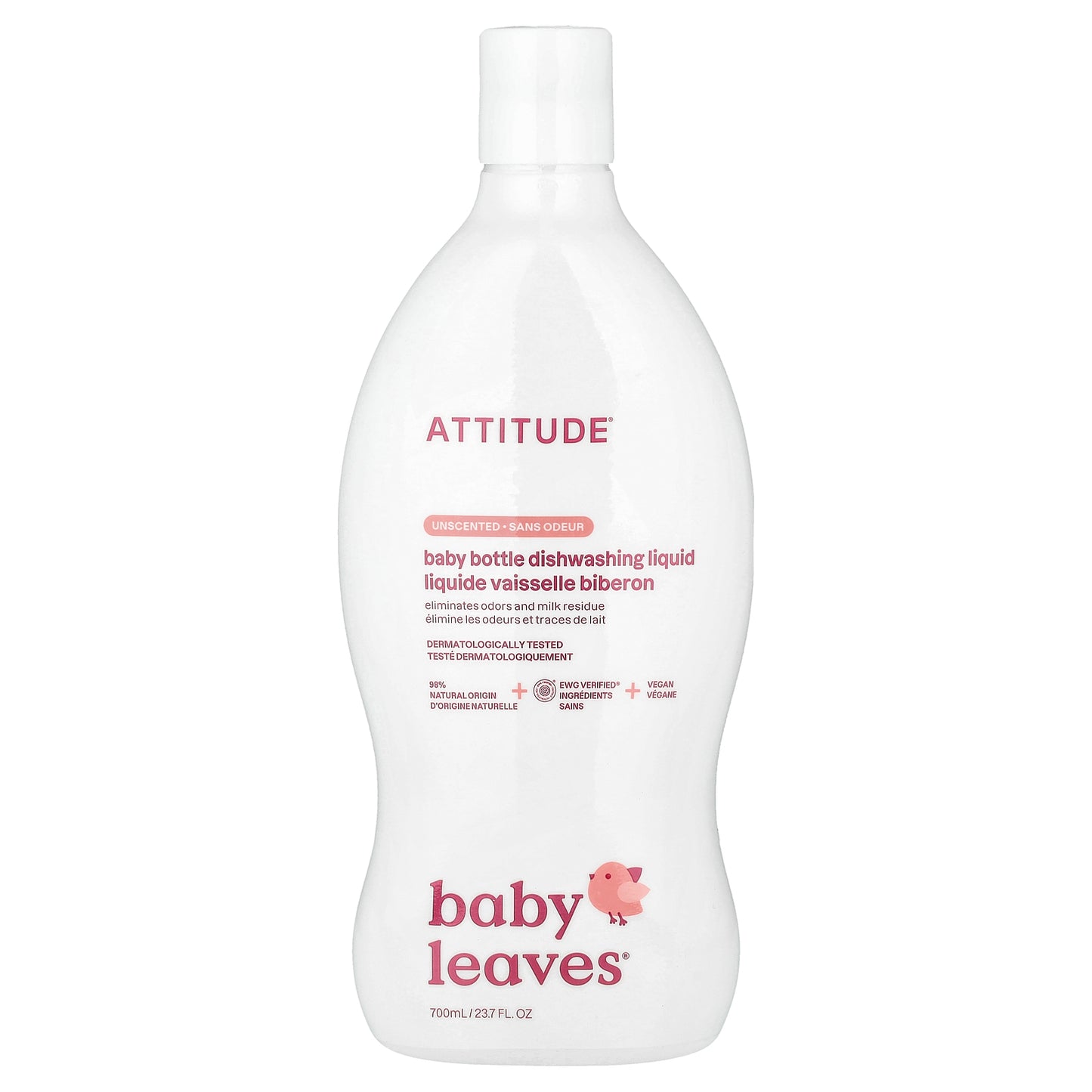 ATTITUDE, Baby Leaves®, Baby Bottle Dishwashing Liquid, Unscented, 23.7 fl oz (700 ml)