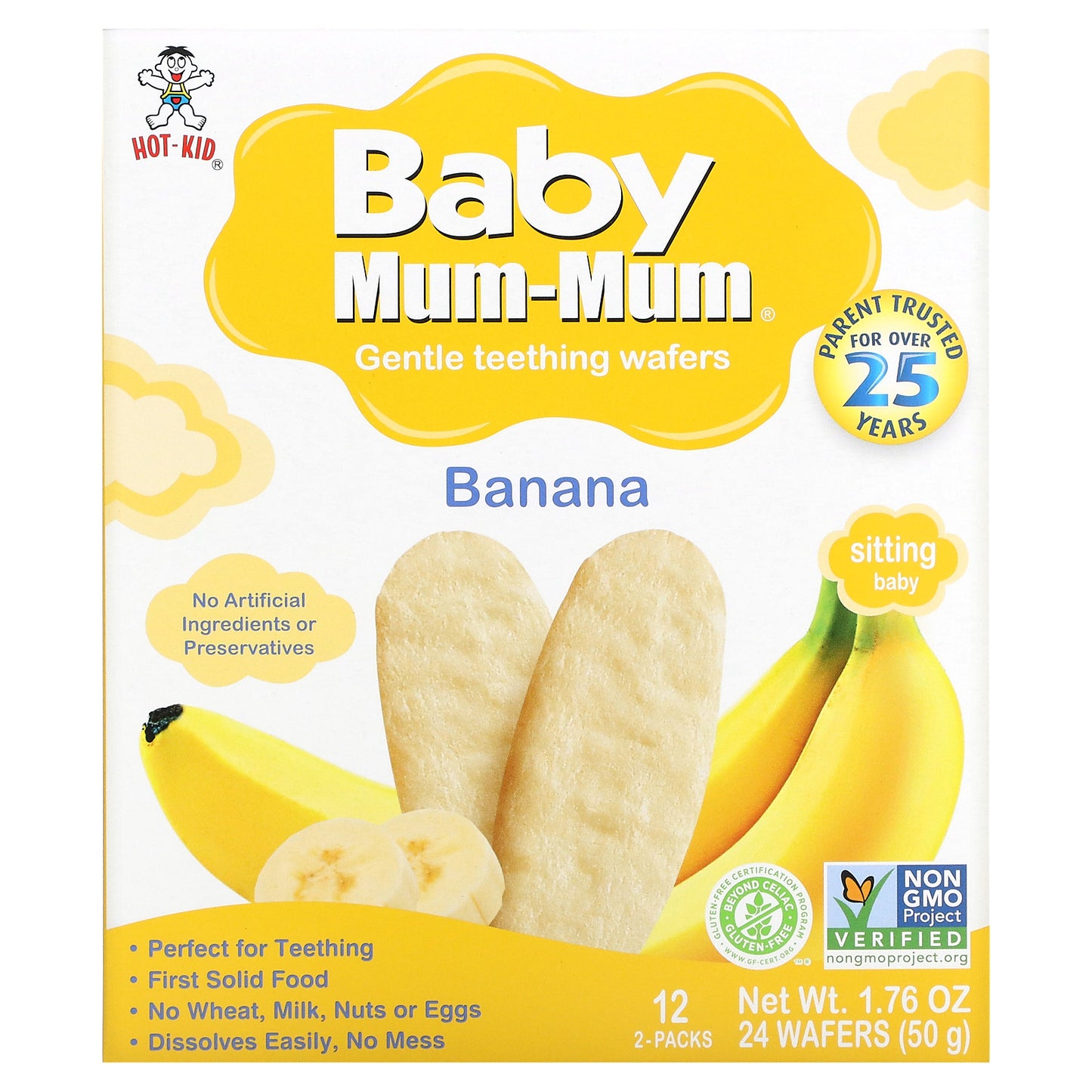 Hot Kid, Baby Mum-Mum, Gentle Teething Wafers, Banana, 12 Packs, 2 Wafers Each