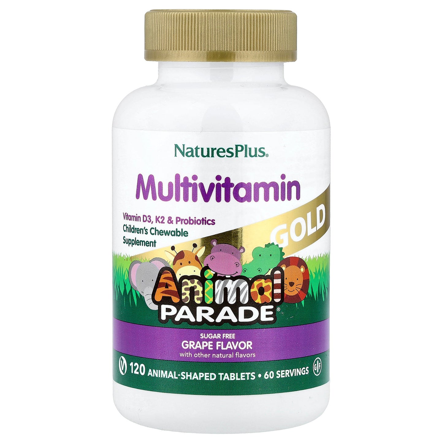 NaturesPlus, Animal Parade Gold, Children's Multivitamin Chewable Supplement, Grape, 120 Animal-Shaped Tablets
