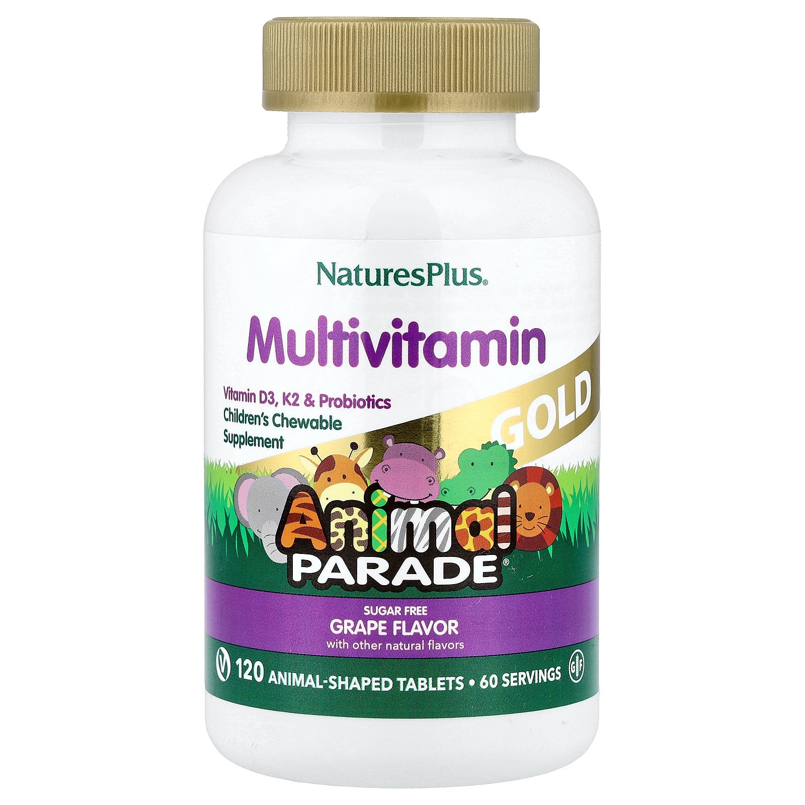 NaturesPlus, Animal Parade Gold, Children's Multivitamin Chewable Supplement, Grape, 120 Animal-Shaped Tablets