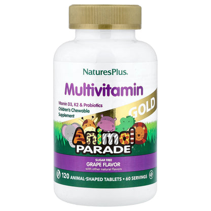 NaturesPlus, Animal Parade Gold, Children's Multivitamin Chewable Supplement, Grape, 120 Animal-Shaped Tablets