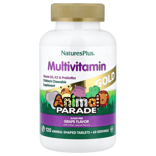 NaturesPlus, Animal Parade Gold, Children's Multivitamin Chewable Supplement, Grape, 120 Animal-Shaped Tablets