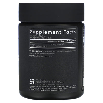 Sports Research, Vitamin D3, 125 mcg (5,000 IU), 360 Softgels
