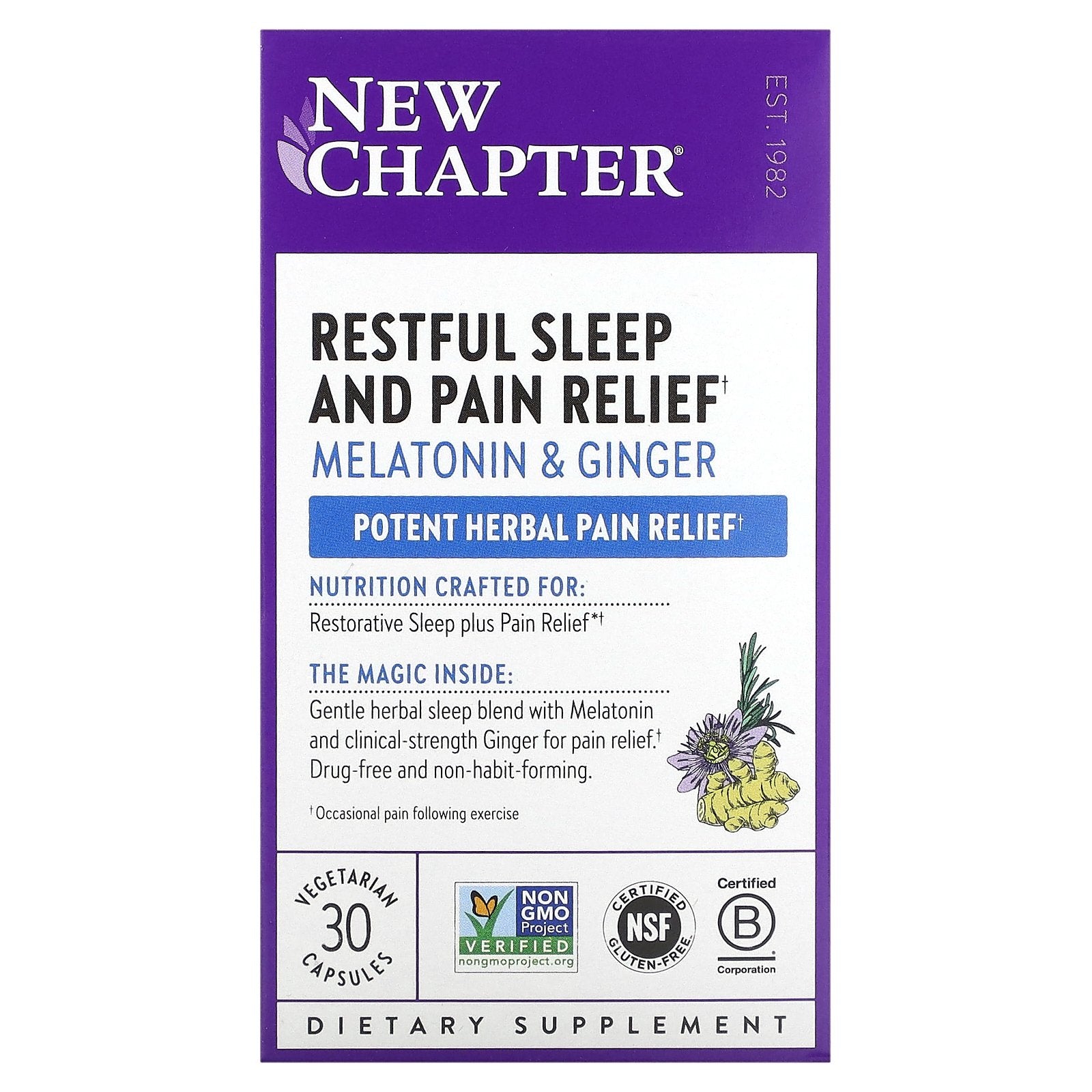 New Chapter, Restful Sleep and Pain Relief, Melatonin & Ginger, 30 Vegetarian Capsules