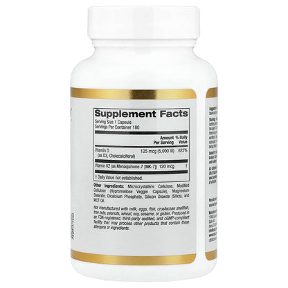 California Gold Nutrition, Vitamin D3 + K2 as MK-7, 180 Veggie Capsules