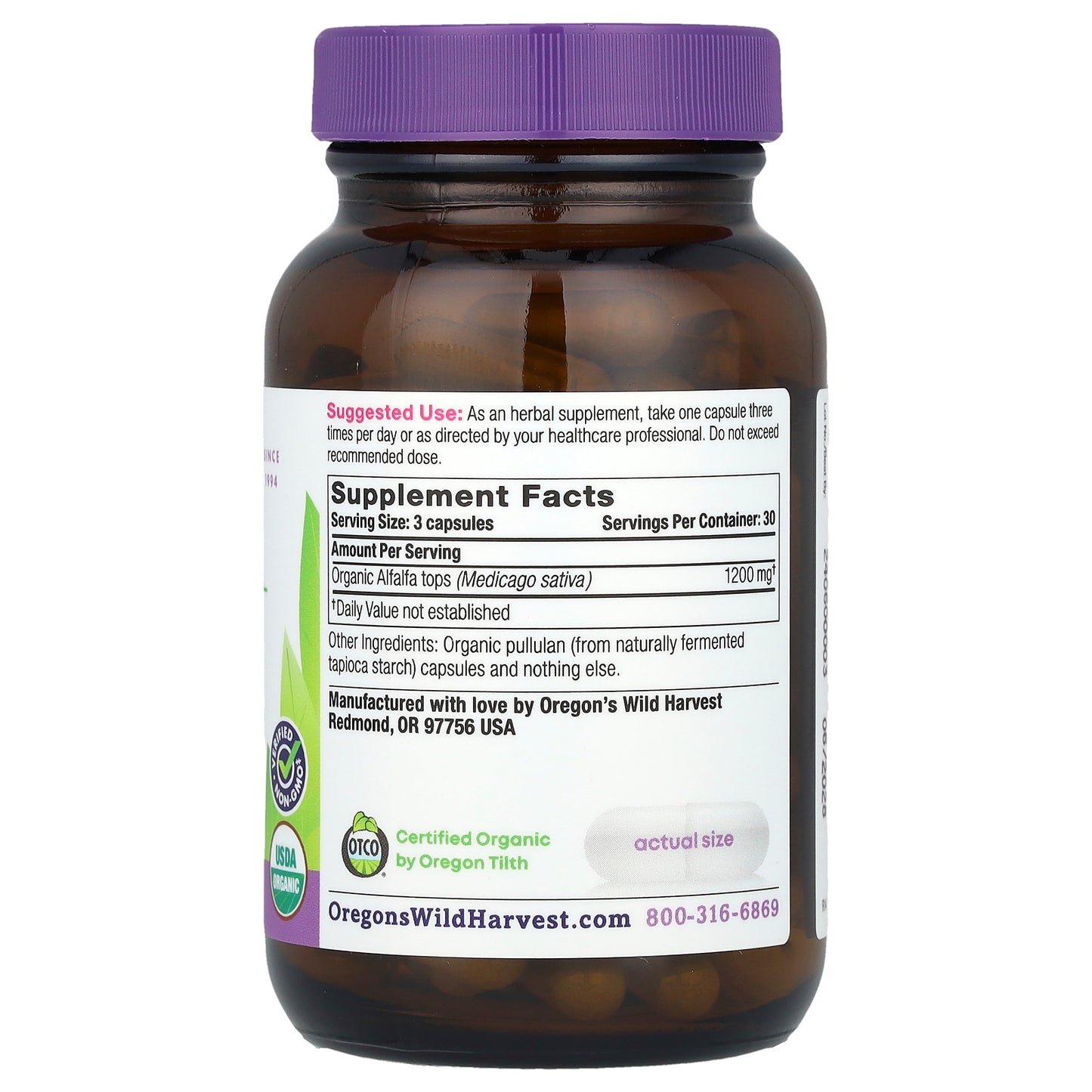 Oregon's Wild Harvest, Organic Alfalfa, 90 Organic Vegan Capsules (400 mg per Capsule)