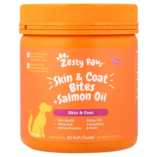 Zesty Paws, Skin & Coat Bites + Salmon Oil, For Dogs, All Ages, Salmon , 90 Soft Chews, 11.1 oz (315 g)