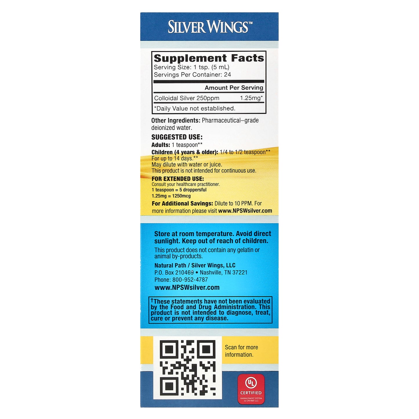 Natural Path Silver Wings, Colloidal Silver, 250 ppm, 4 fl oz (120 ml)