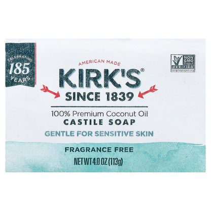 Kirk's, 100% Premium Coconut Oil Castile Bar Soap, Fragrance Free, 4 oz (113 g)