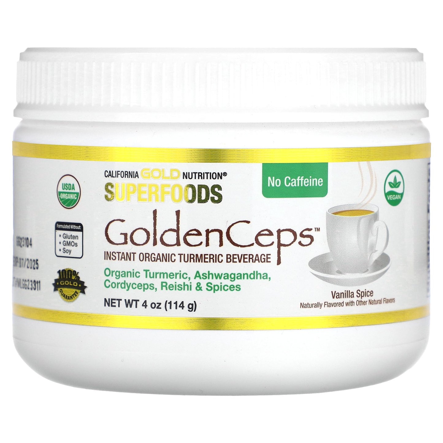 California Gold Nutrition, Superfoods, GoldenCeps, Organic Turmeric with Ashwagandha, Cordyceps, and Reishi, 4 oz (114 g)