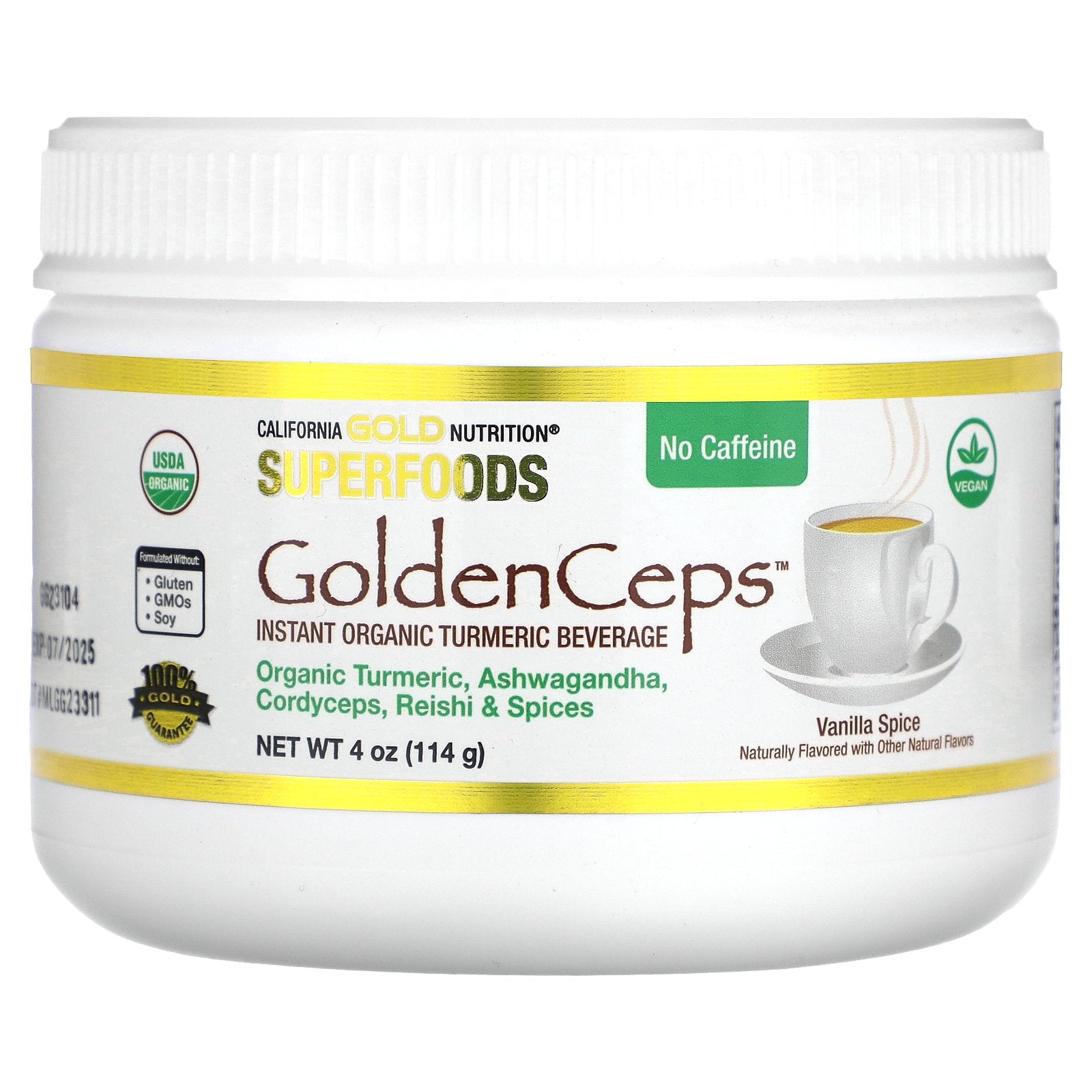 California Gold Nutrition, Superfoods, GoldenCeps, Organic Turmeric with Ashwagandha, Cordyceps, and Reishi, 4 oz (114 g)